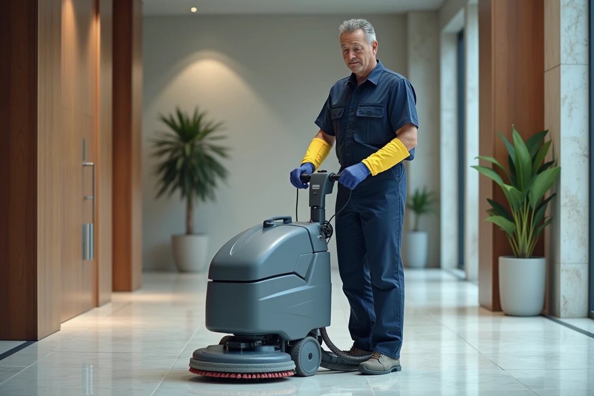 Homme en uniforme nettoie un sol avec une machine puissante