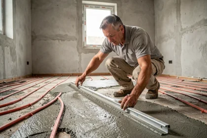 Ouvrier nivelant une chape de béton sur un plancher chauffant hydraulique avec des tubes PEX apparents