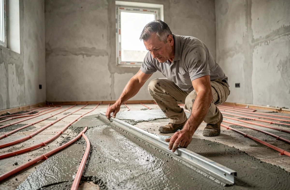Ouvrier nivelant une chape de béton sur un plancher chauffant hydraulique avec des tubes PEX apparents