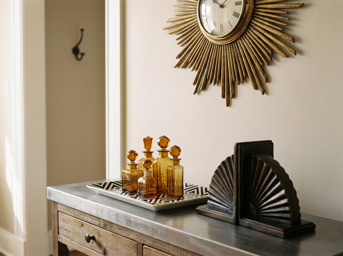 Console décorée d'objets art déco comme horloge en laiton et bouteilles en verre ambré dans un couloir existant