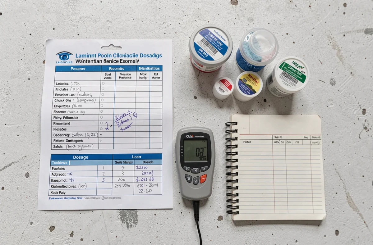 Vue aérienne des outils de dosage de chlore pour piscine incluant un tableau de référence, un testeur et des produits chimiques
