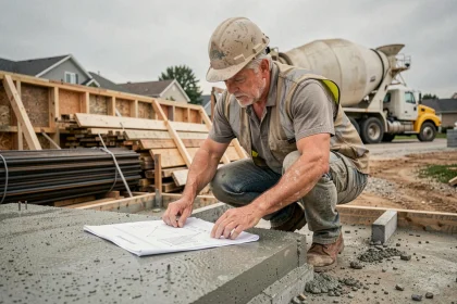 Ouvrier du bâtiment examinant les plans d'un dallage en béton armé sur un chantier résidentiel