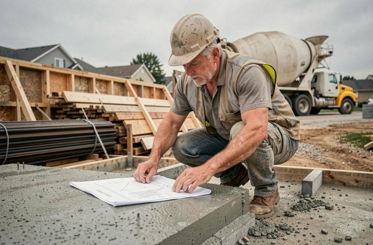 Ouvrier du bâtiment examinant les plans d'un dallage en béton armé sur un chantier résidentiel