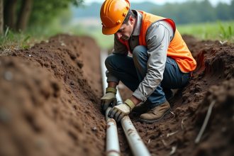 Ouvrier en vestiaire réfléchissant inspecte un tuyau PVC dans un chantier