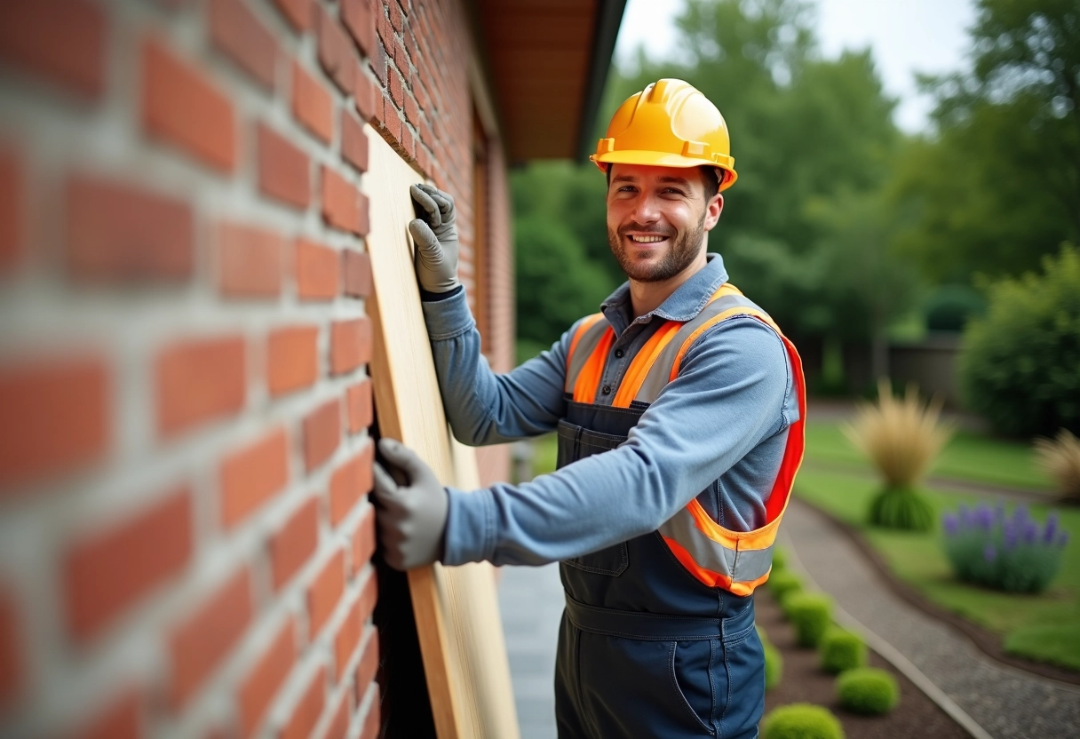 Ouvrier pose une isolation sur un mur extérieur en briques