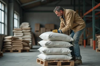 Ouvrier empilant des sacs de ciment de 25 kg sur une palette en bois dans un entrepôt de chantier