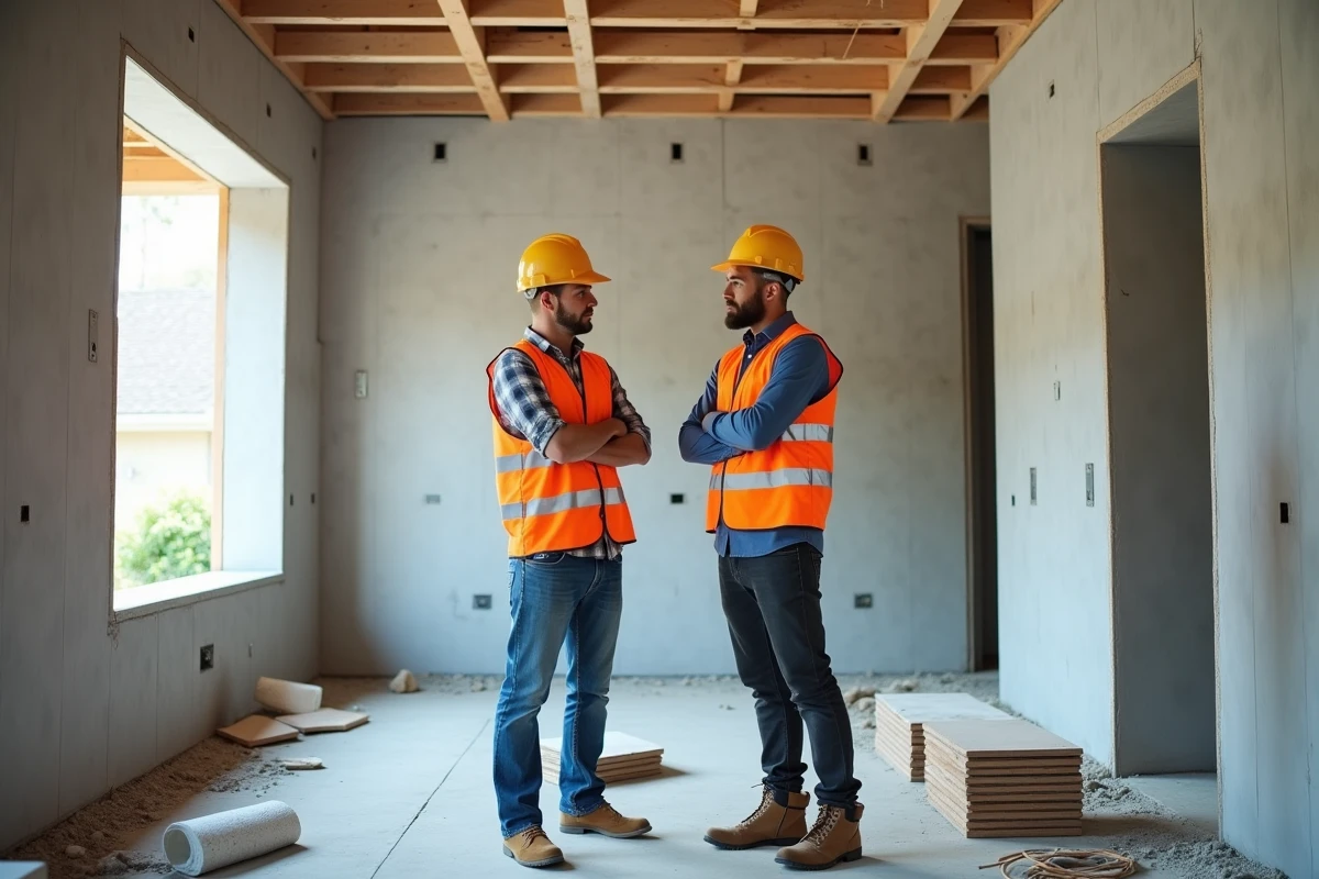 Ouvriers du bâtiment discutant de travaux dans une maison en construction non terminée