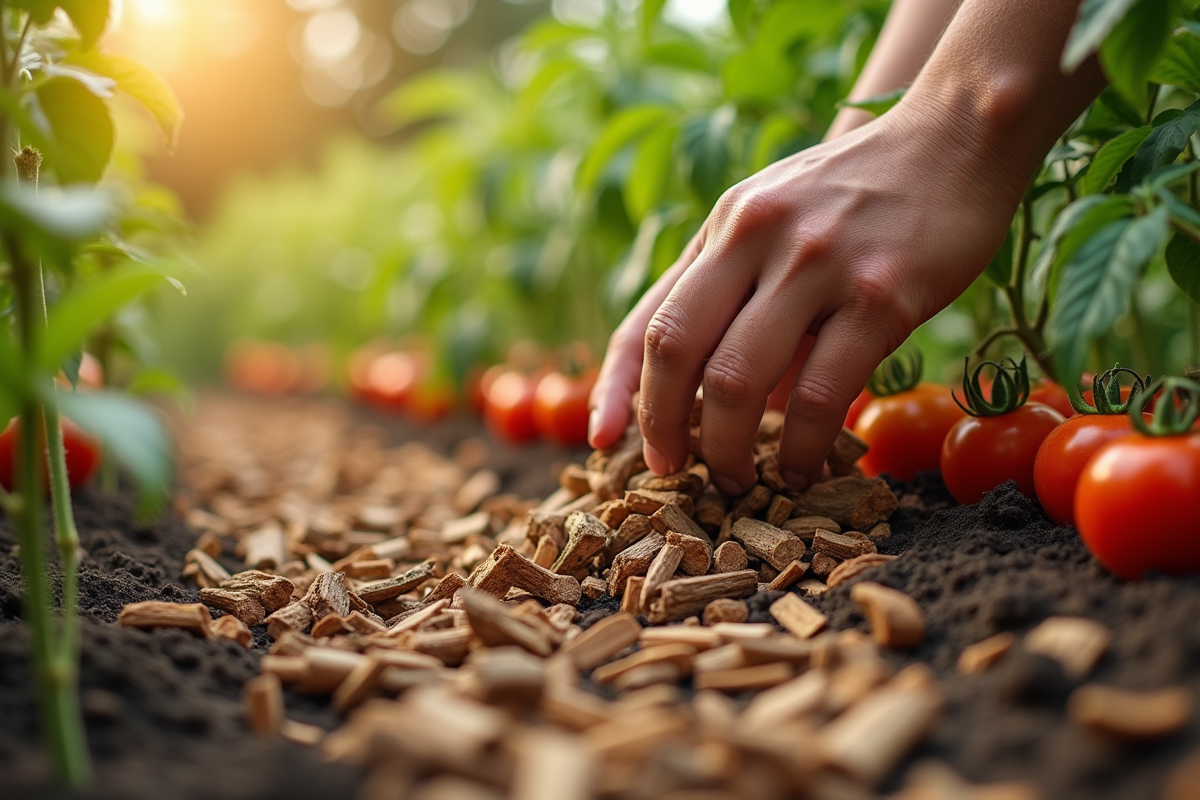 Mains étalant des copeaux de bois autour des tomates en jardin