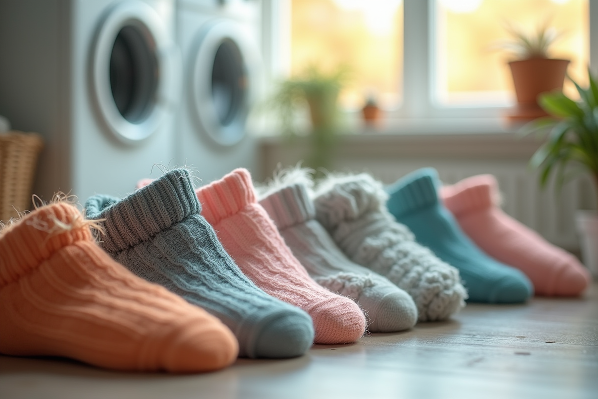 Paires de chaussettes rangées dans une buanderie lumineuse