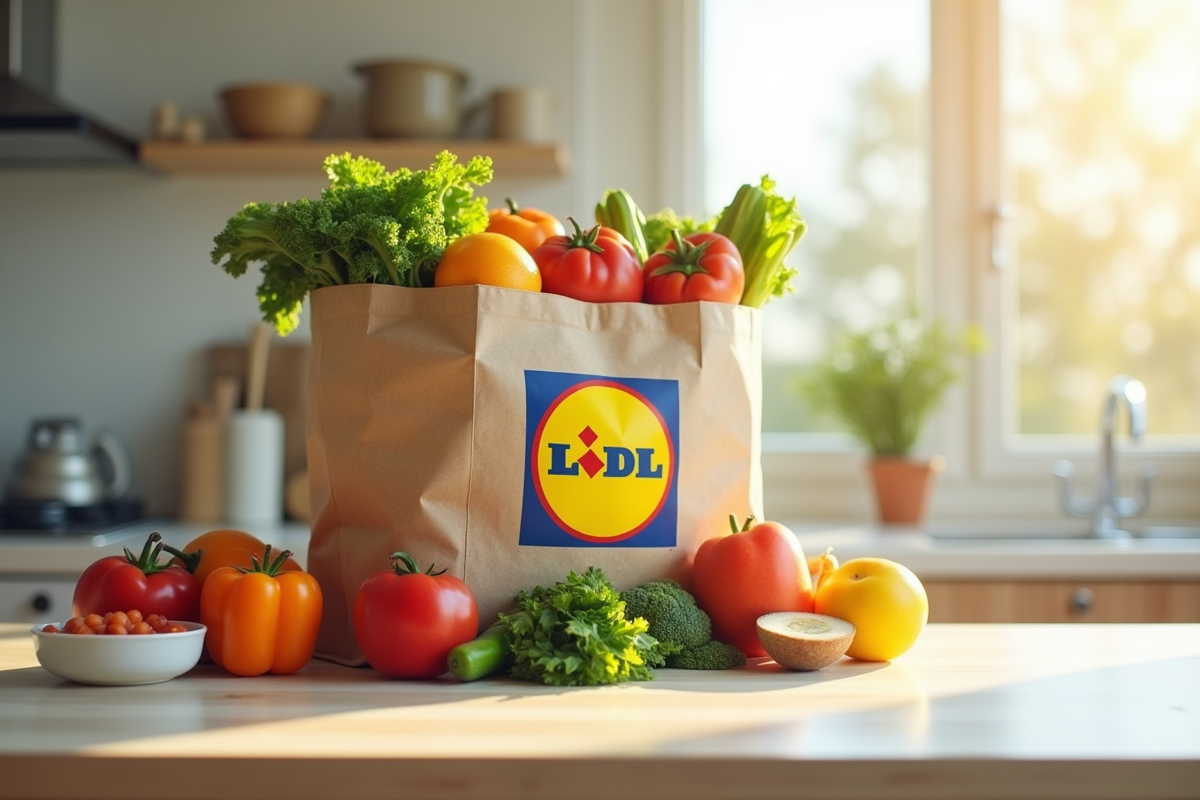 Sac de courses organisé avec produits Lidl et Leclerc sur un plan de travail lumineux