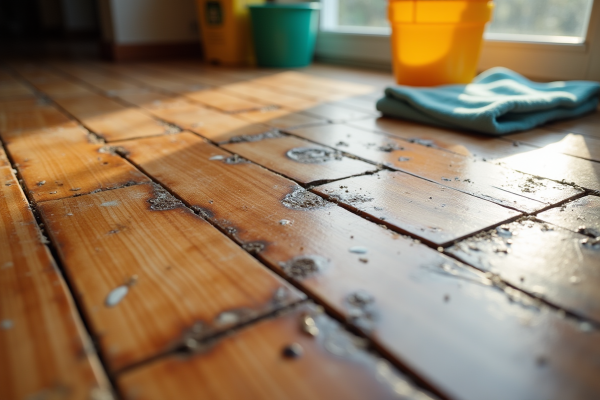 Sol en parquet endommagé avec produits de nettoyage
