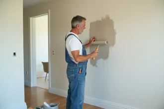 Peintre moyen-age en overalls peignant un mur intérieur