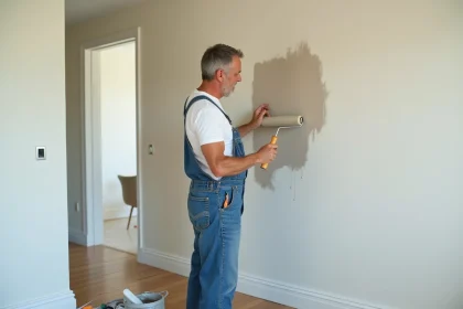 Peintre moyen-age en overalls peignant un mur intérieur