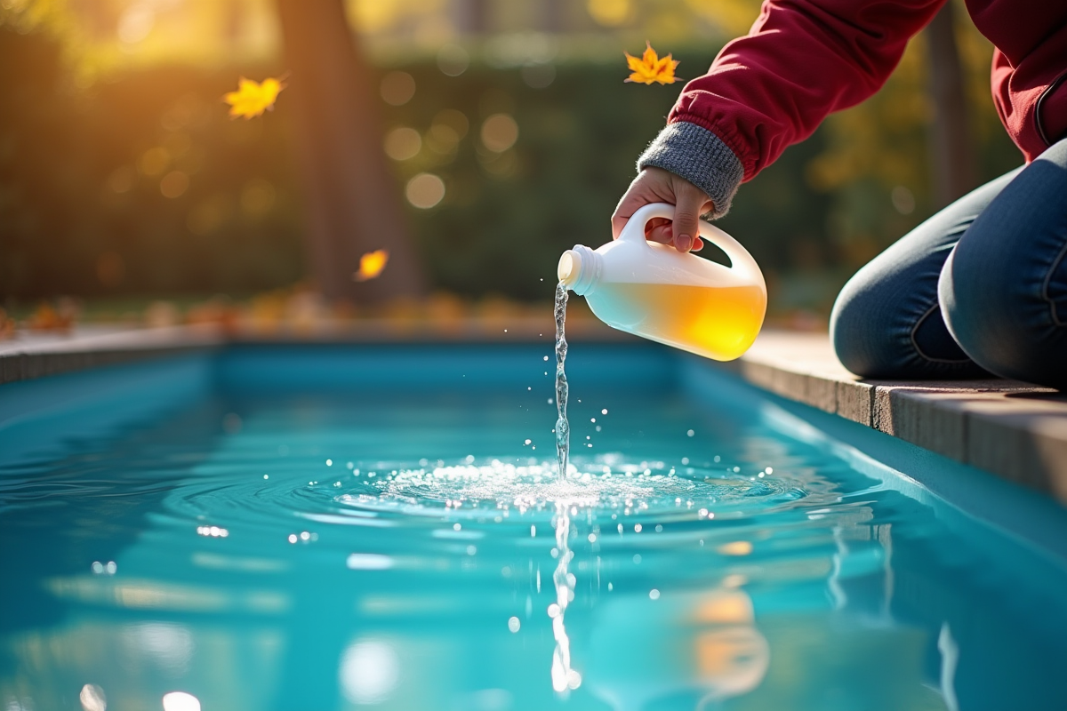 Personne en automne versant un produit d'hivernage dans une piscine bleue