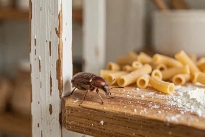 Gros plan macro d'un petit insecte marron sur une étagère de cuisine en bois avec des pâtes et de la farine