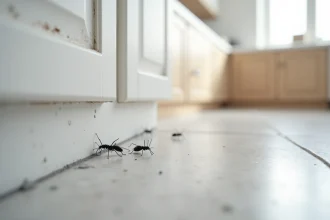 Petites bêtes noires envahissant la plinthe d'une cuisine moderne, vue macro ultra-réaliste