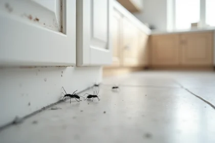 Petites bêtes noires envahissant la plinthe d'une cuisine moderne, vue macro ultra-réaliste