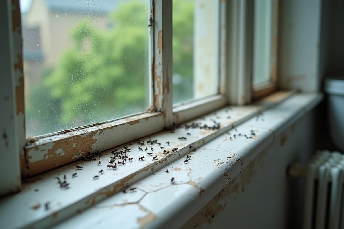Petites bêtes noires sur le rebord de fenêtre d'une salle de bain ancienne, infestation domestique