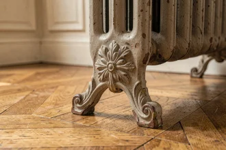 Pied en fonte pour radiateur ancien avec patine et ornements floraux posé sur parquet en chêne