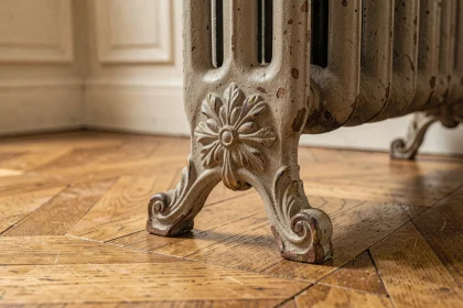 Pied en fonte pour radiateur ancien avec patine et ornements floraux posé sur parquet en chêne
