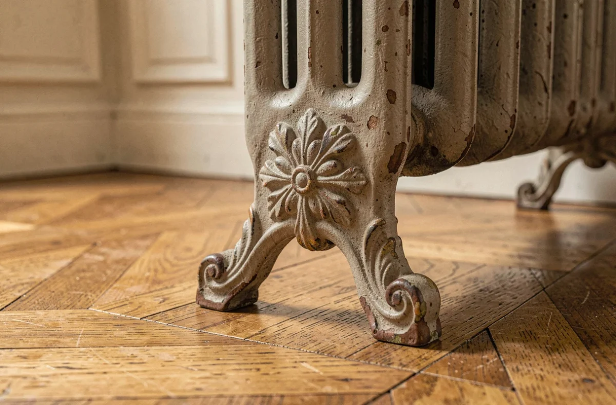 Pied en fonte pour radiateur ancien avec patine et ornements floraux posé sur parquet en chêne