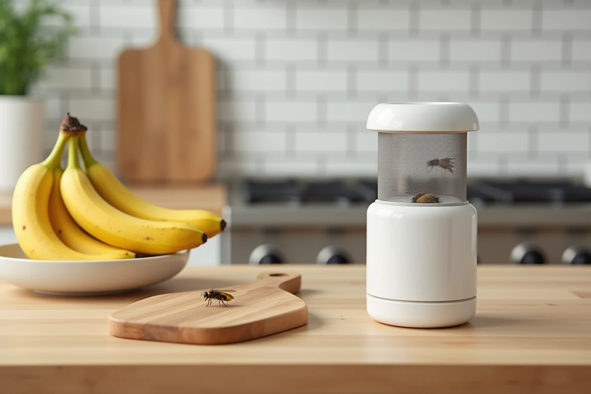 Piège à moucherons posé sur un plan de travail en bois dans une cuisine moderne avec des bananes mûres à proximité