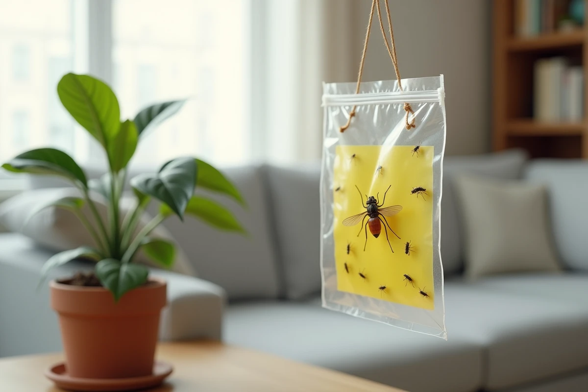 Piège collant jaune pour moucherons suspendu près d'une plante d'intérieur dans un salon lumineux