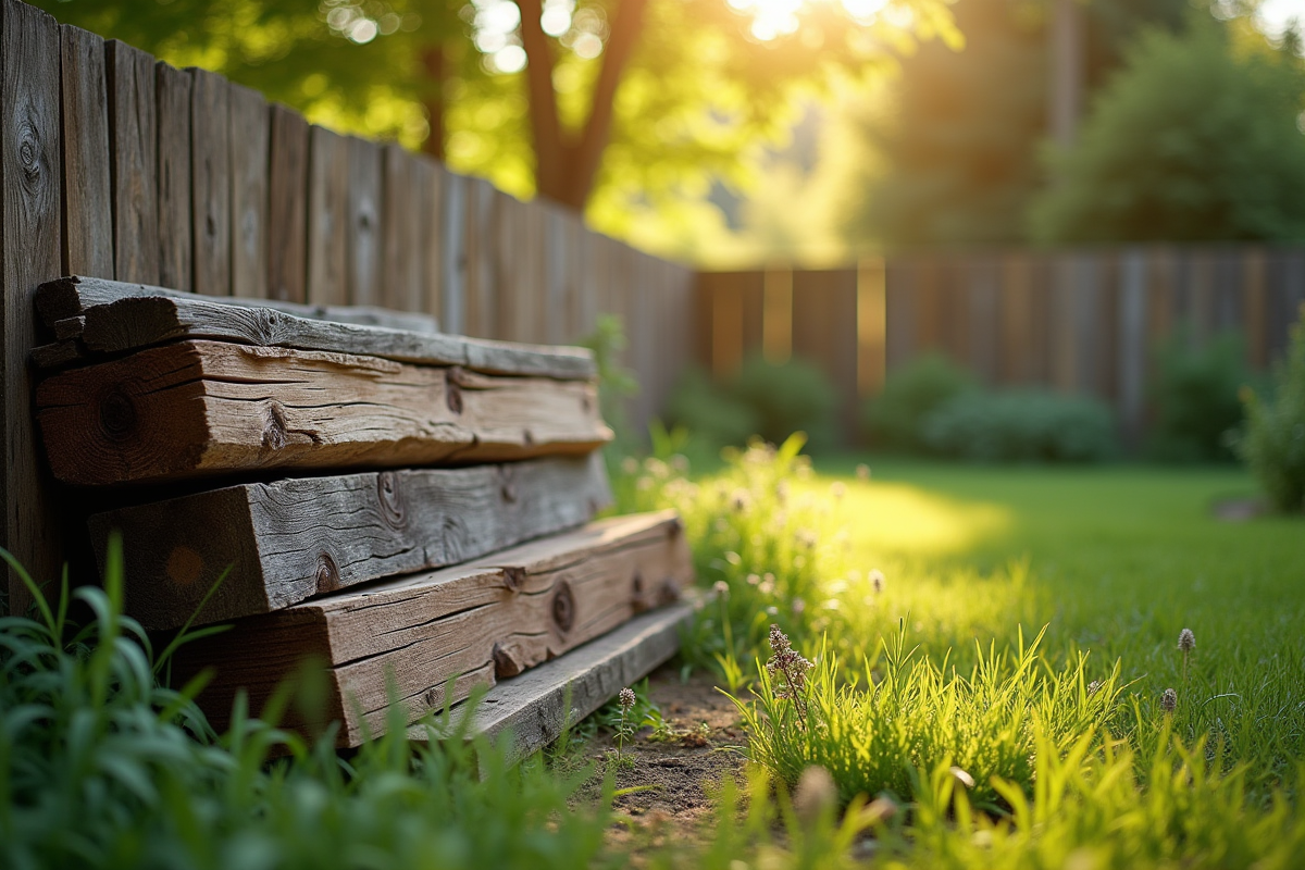 Pile de bois recyclé contre une clôture de jardin en plein air