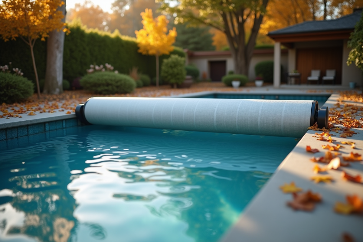 Piscine extérieure moderne avec couverture automnale fermée