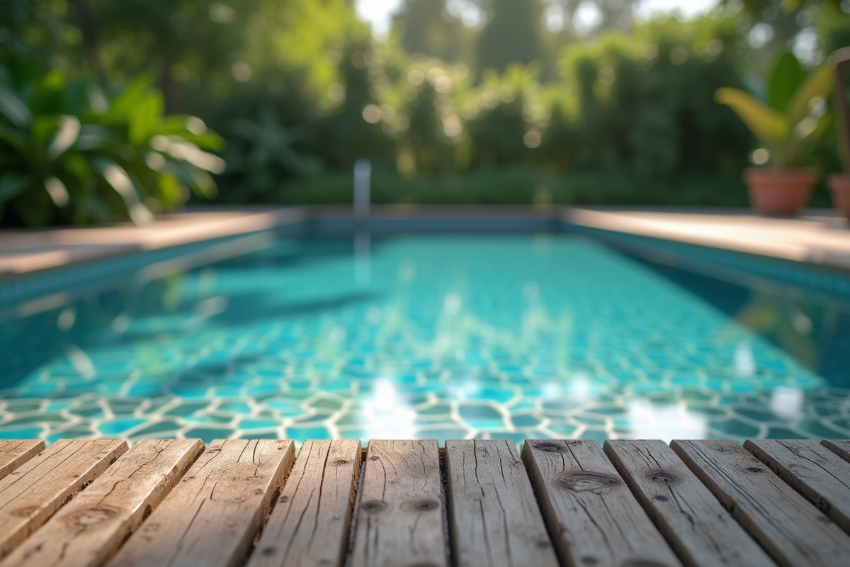 Piscine moderne entourée de bois naturel et plantes vertes