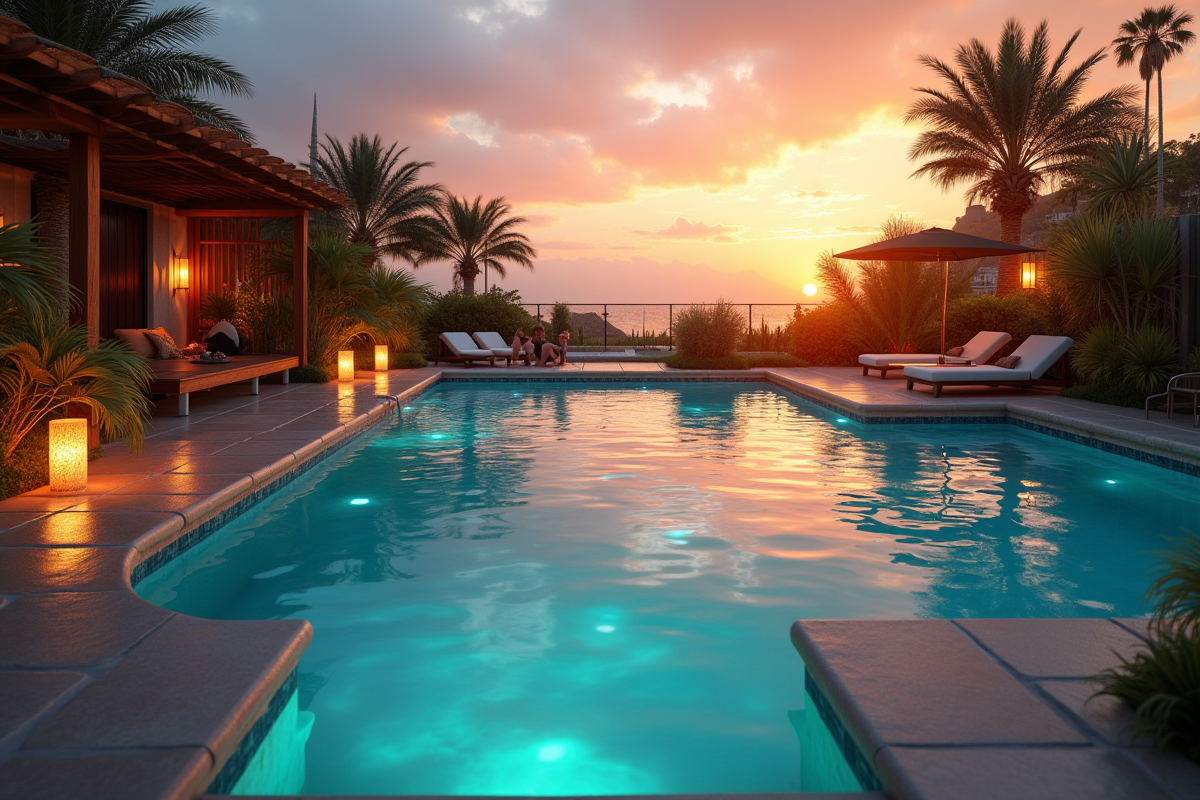 Piscine au coucher de soleil avec famille et éclairage doux