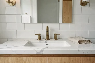 Plan vasque encastré en marbre blanc avec robinetterie dorée dans une salle de bain scandinave épurée