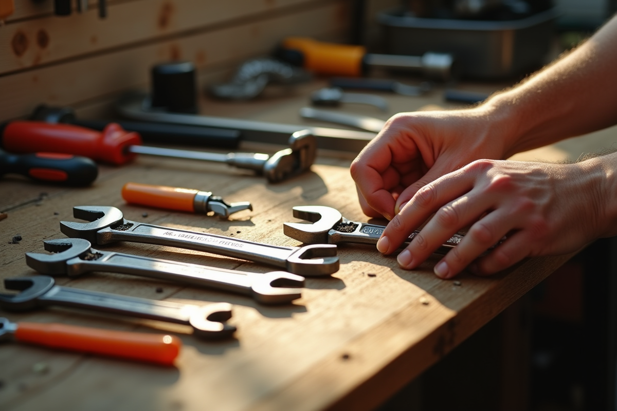 Banc de travail en bois avec outils et main appliquant de l'huile