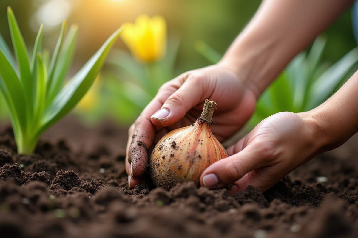Mains plantant des bulbes de fleurs d'été dans un jardin