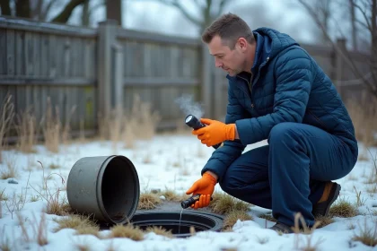 Plombier inspectant un drain de fosse septique saturé en hiver avec gel au sol