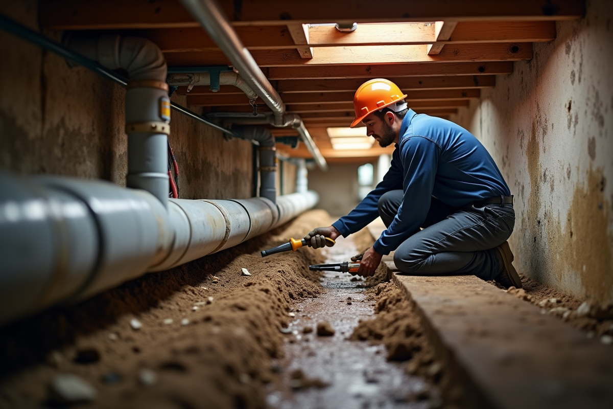 Plombier réparant une canalisation sous une maison dans un espace de crawl