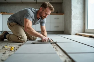 Carreleur professionnel posant du carrelage en grand format dans une cuisine intérieure moderne avec mortier-colle