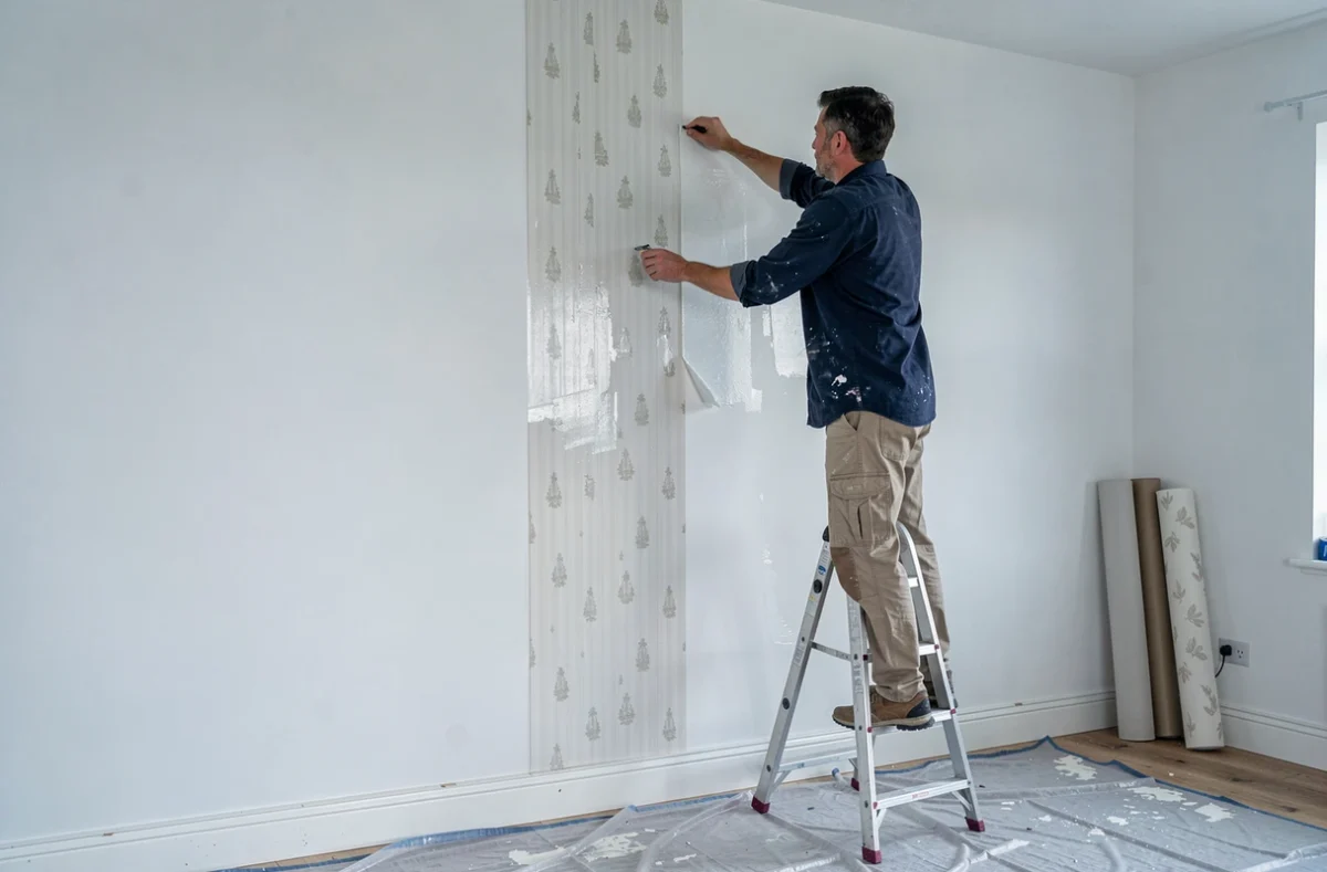 Homme posant un lé de papier peint sur un mur en alignant soigneusement les raccords de motifs dans un salon en cours de rénovation