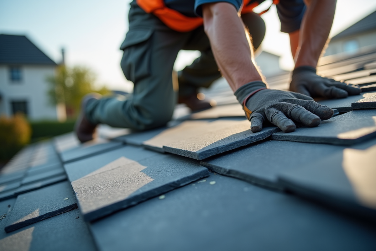 Installateur de tuiles d'ardoise sur toit résidentiel