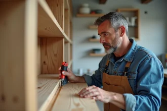 Homme appliquant de la colle sur une étagère en bois dans un atelier lumineux