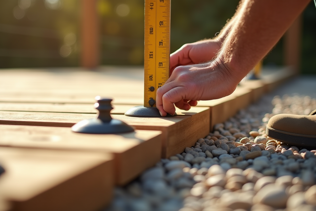 Mains d'un ouvrier mesurant des supports de terrasse en plein jour