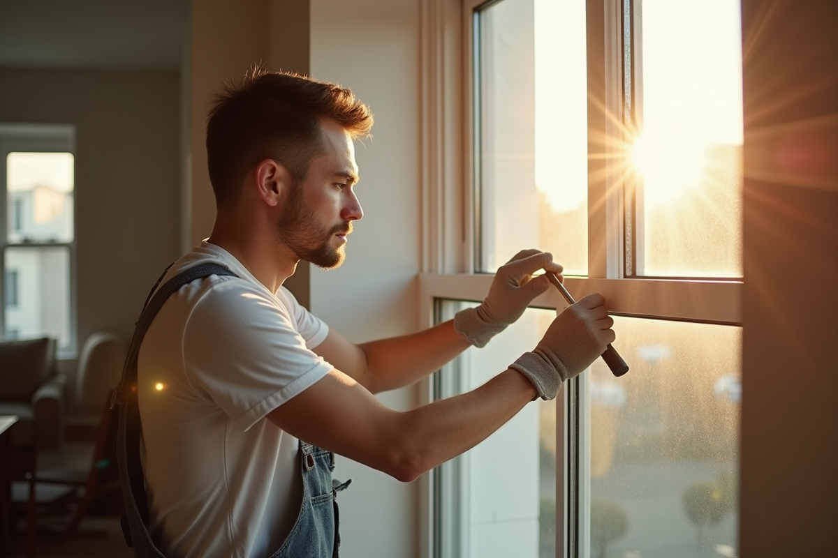 Artisan poseur de vitre dans un salon lumineux