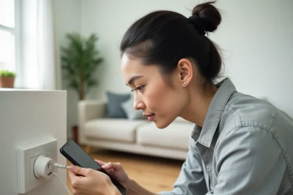 Femme connectant une prise électrique intelligente dans un salon moderne avec smartphone pour la domotique