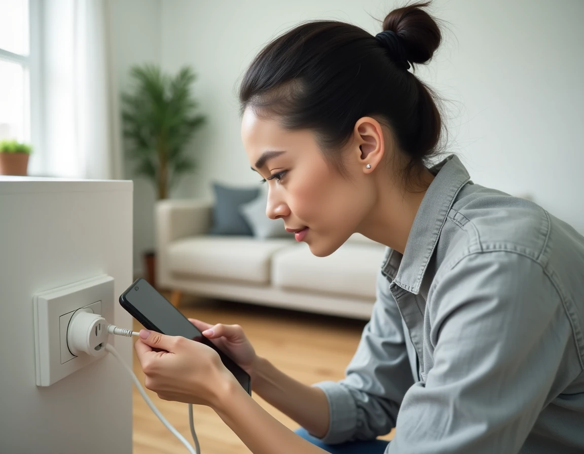 Femme connectant une prise électrique intelligente dans un salon moderne avec smartphone pour la domotique