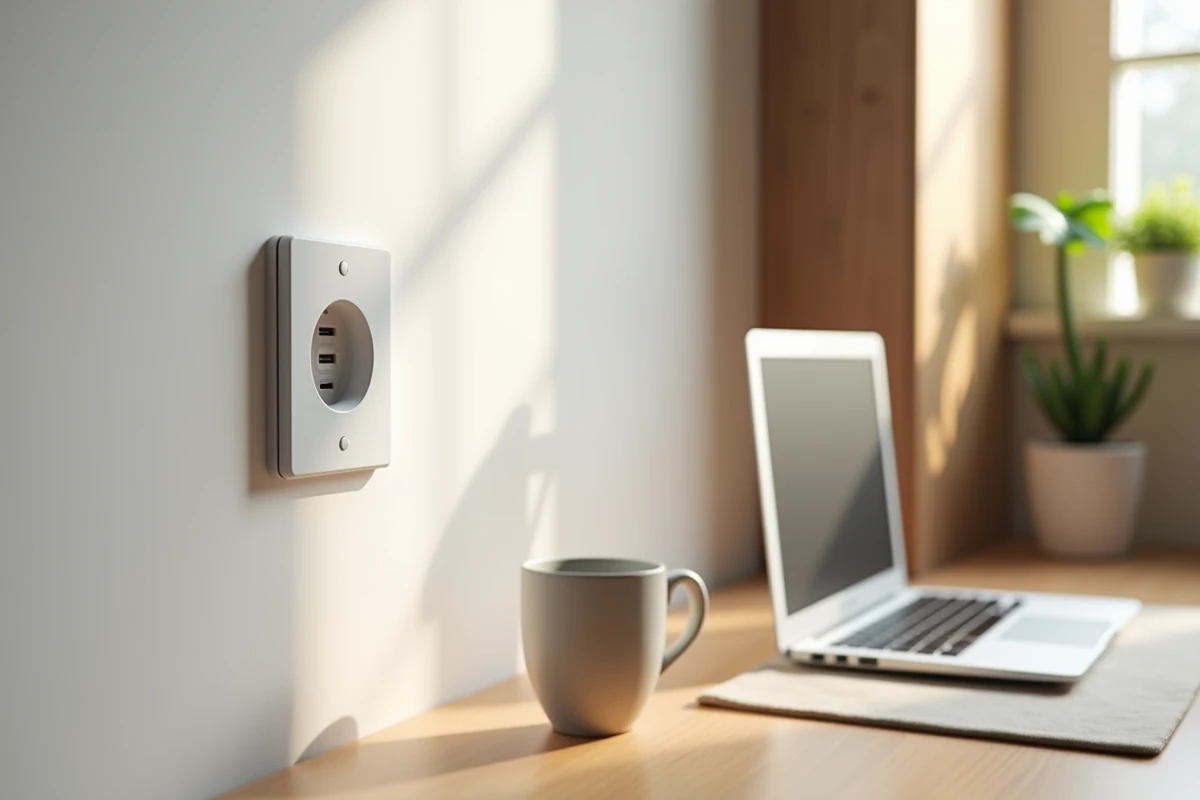 Prise murale avec ports USB intégrée dans un bureau à domicile moderne avec ordinateur portable et plante verte