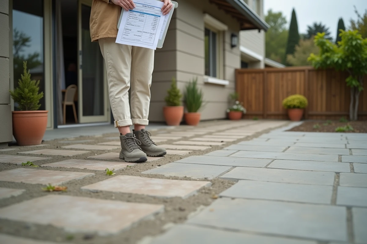 Propriétaire comparant les prix de pose de carrelage extérieur sur une terrasse en cours de réalisation