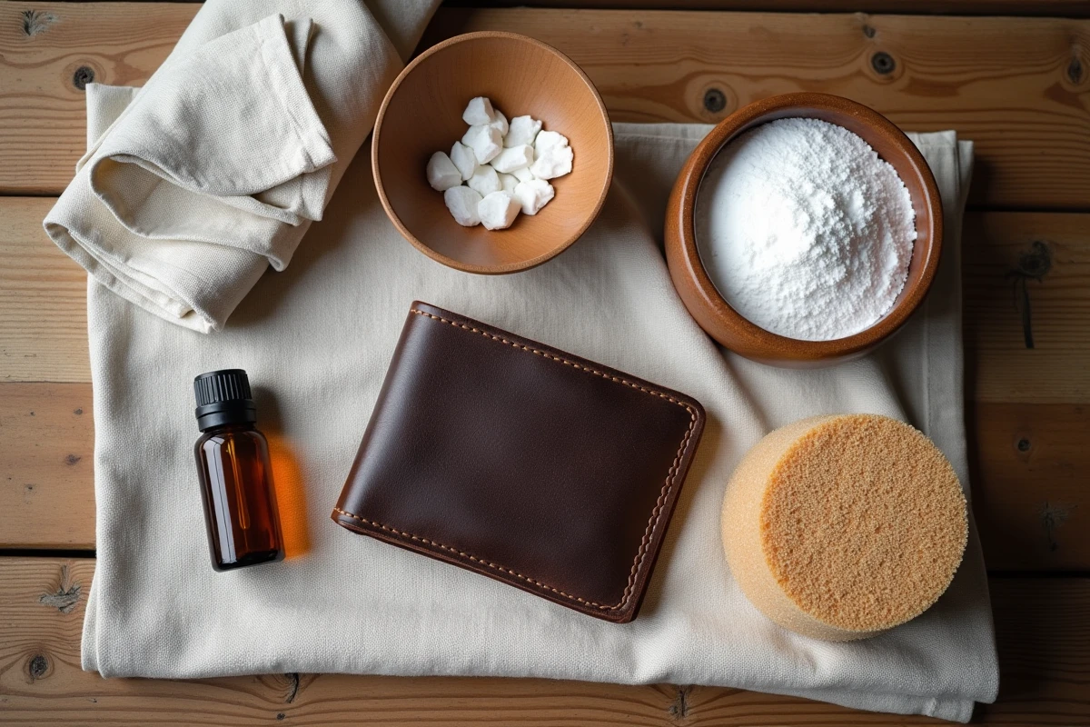 Produits naturels et sans allergènes pour nettoyer le cuir moisi : huile essentielle d'arbre à thé, bicarbonate et chiffons en coton