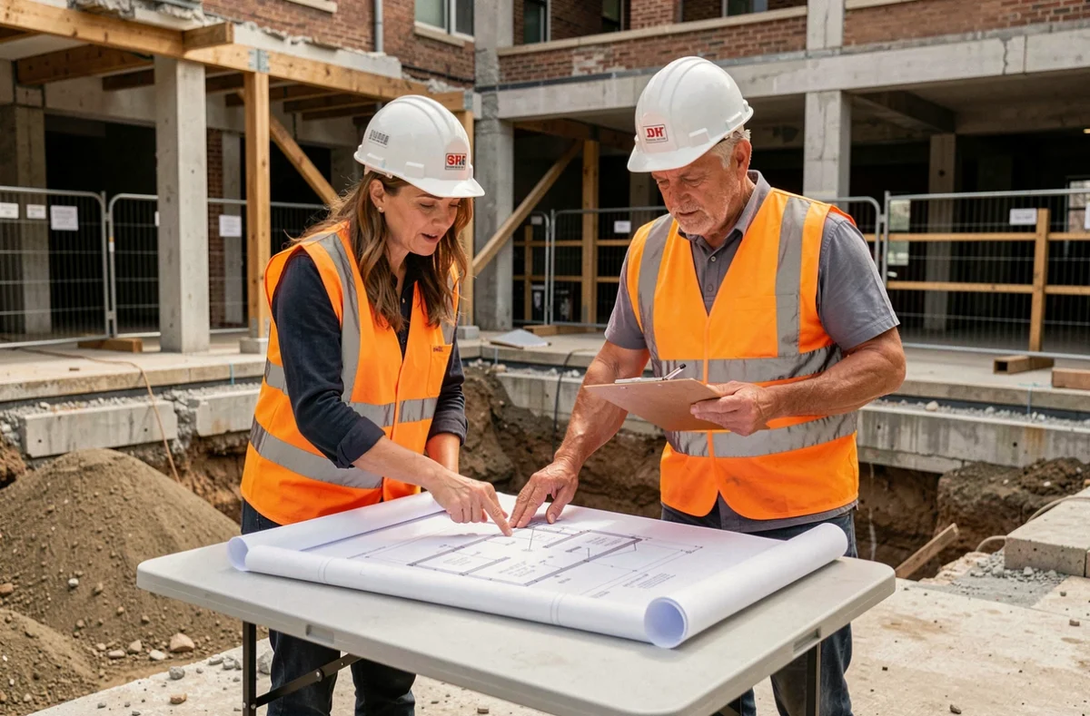 Deux professionnels du bâtiment consultant des plans sur un chantier de rénovation avec mâchefer