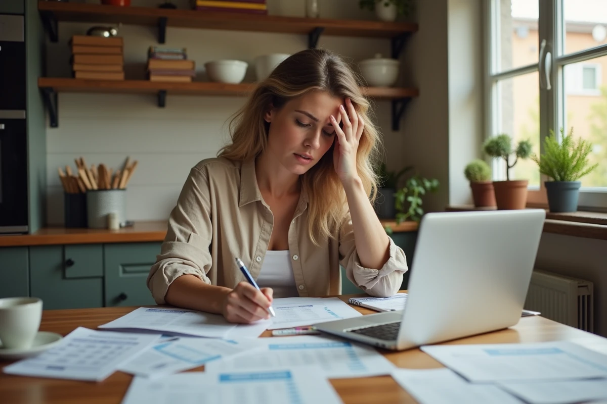 Propriétaire stressée calculant le budget de construction de sa maison avec des devis et factures