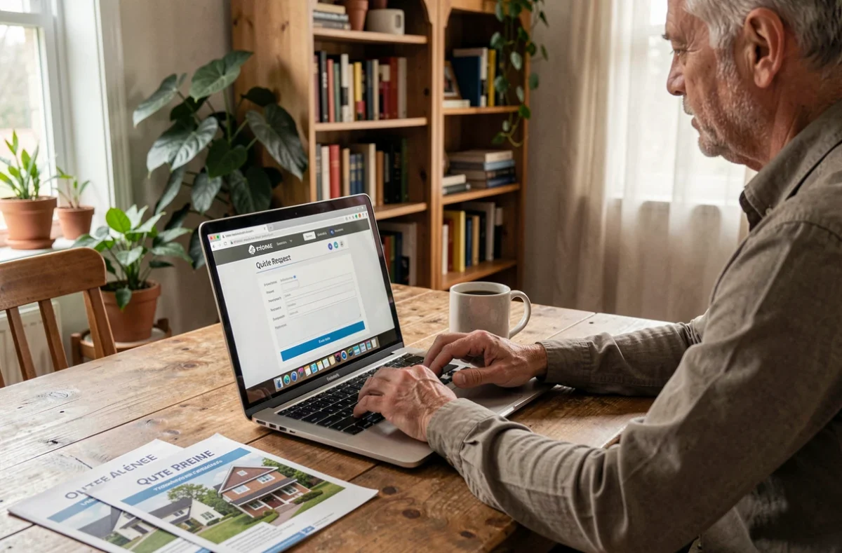 Propriétaire utilisant un ordinateur portable pour demander un devis gratuit en ligne sur un site de mise en relation avec des artisans